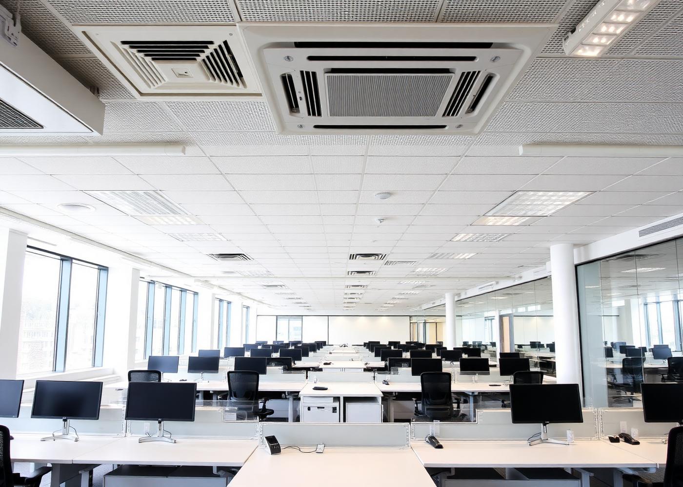 Ceiling cassette air conditioning units installed in a Leeds office